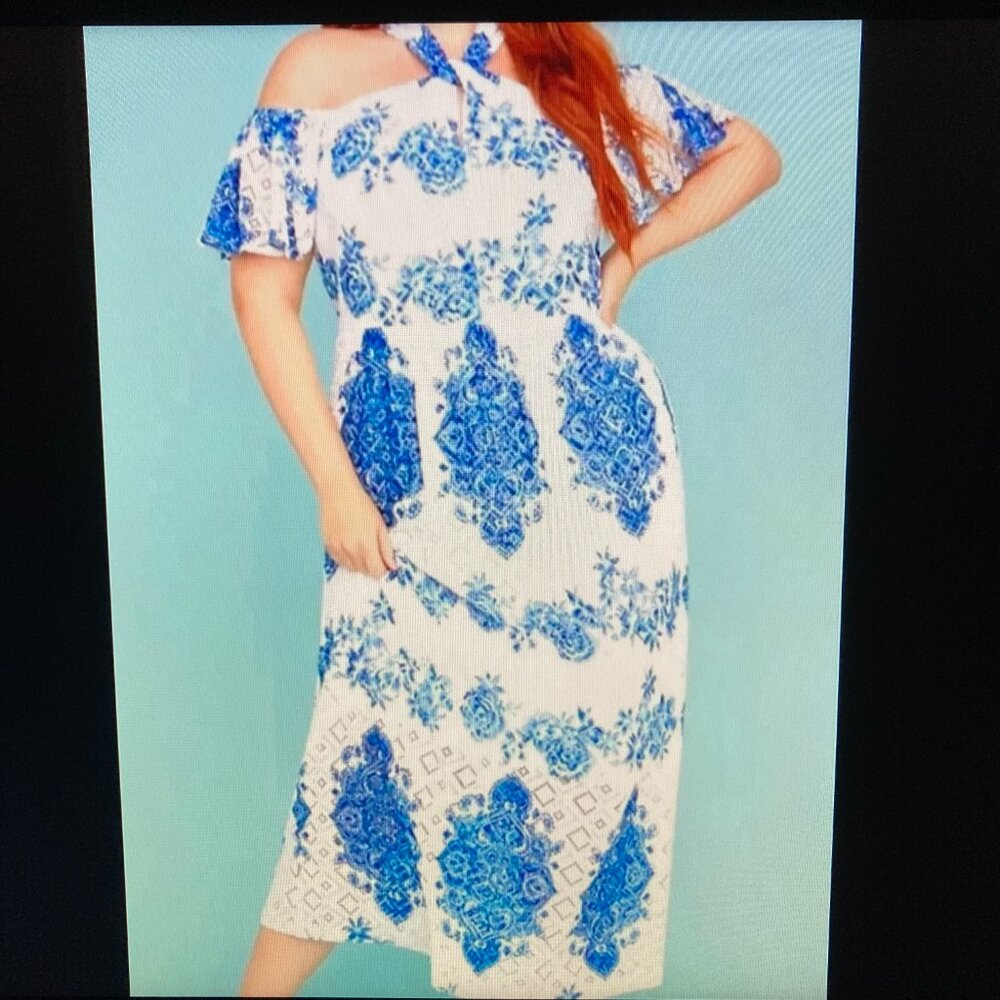 Lane Bryant NWT Floral Blue White Maxi Dress Lace Cold Shoulder Women Size 26/28